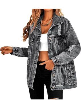 〽️Women's Black Light Wash Oversized Distressed Denim Boyfriend Fit Jean Jacket